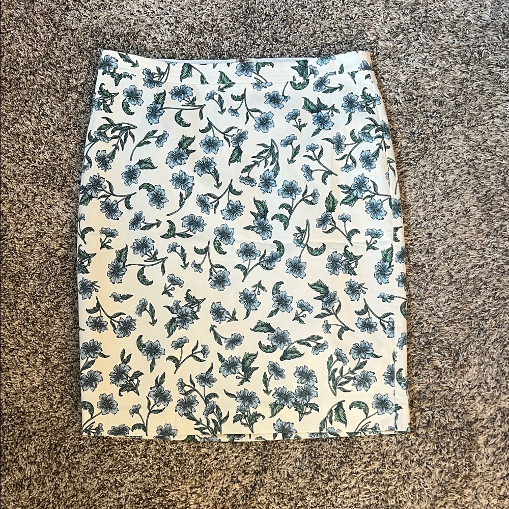 J. Crew White and Blue Floral Pencil Skirt